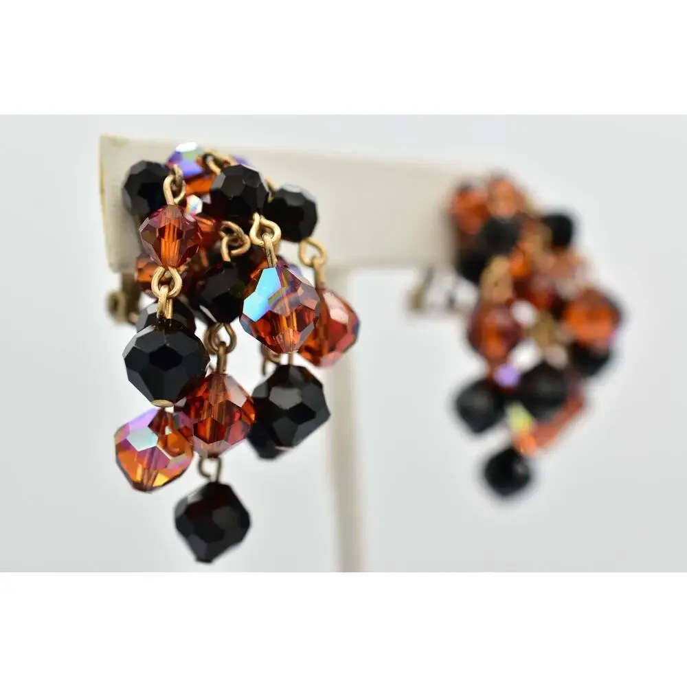 Laguna Vintage Clip On Crystal Earrings Chandelier Black Orange Signed 1950s A24